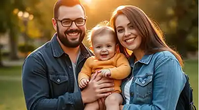 An adoptive couple holding their baby outdoors
