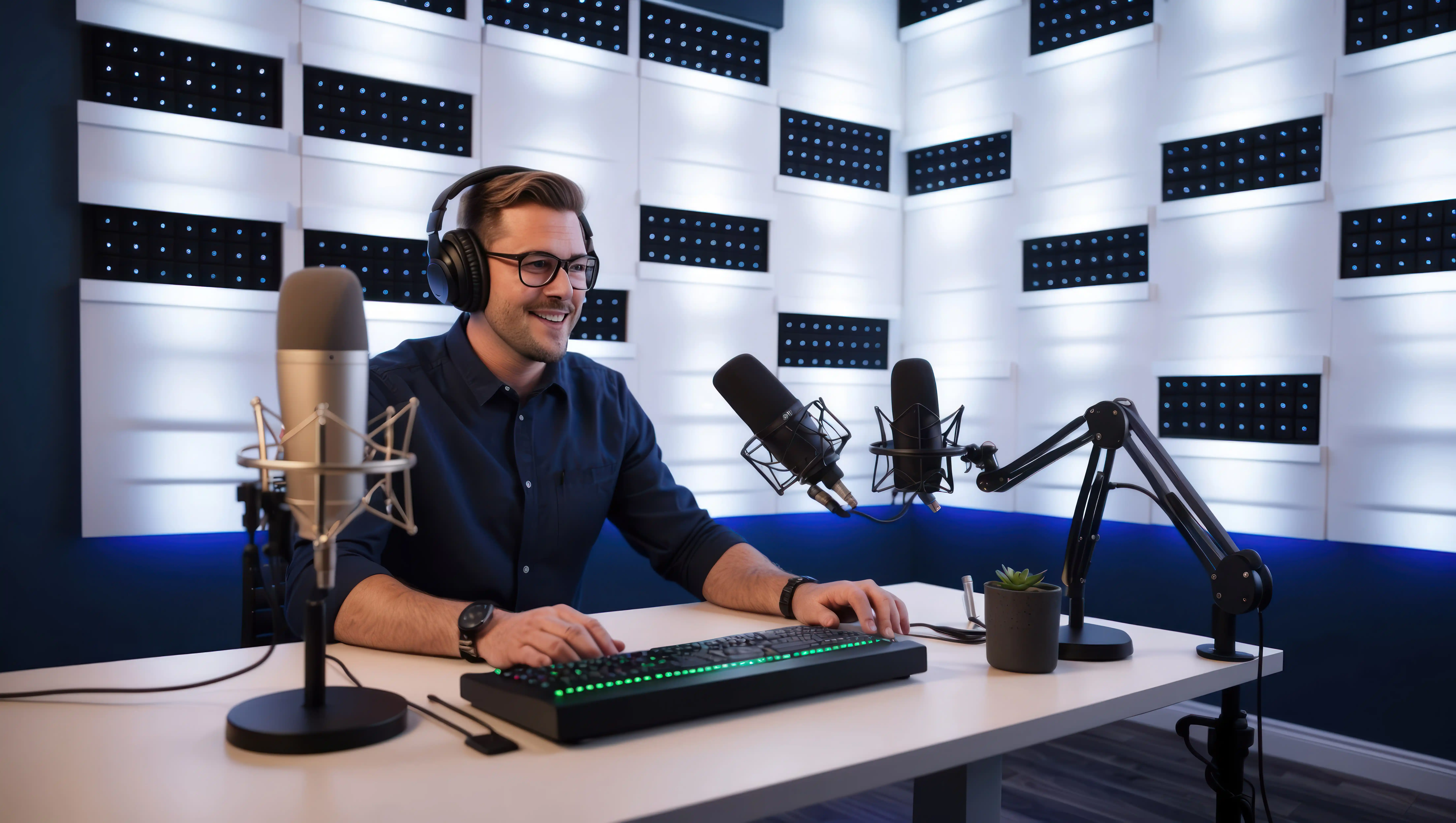 Professional podcast recording studio with microphone and acoustic panels